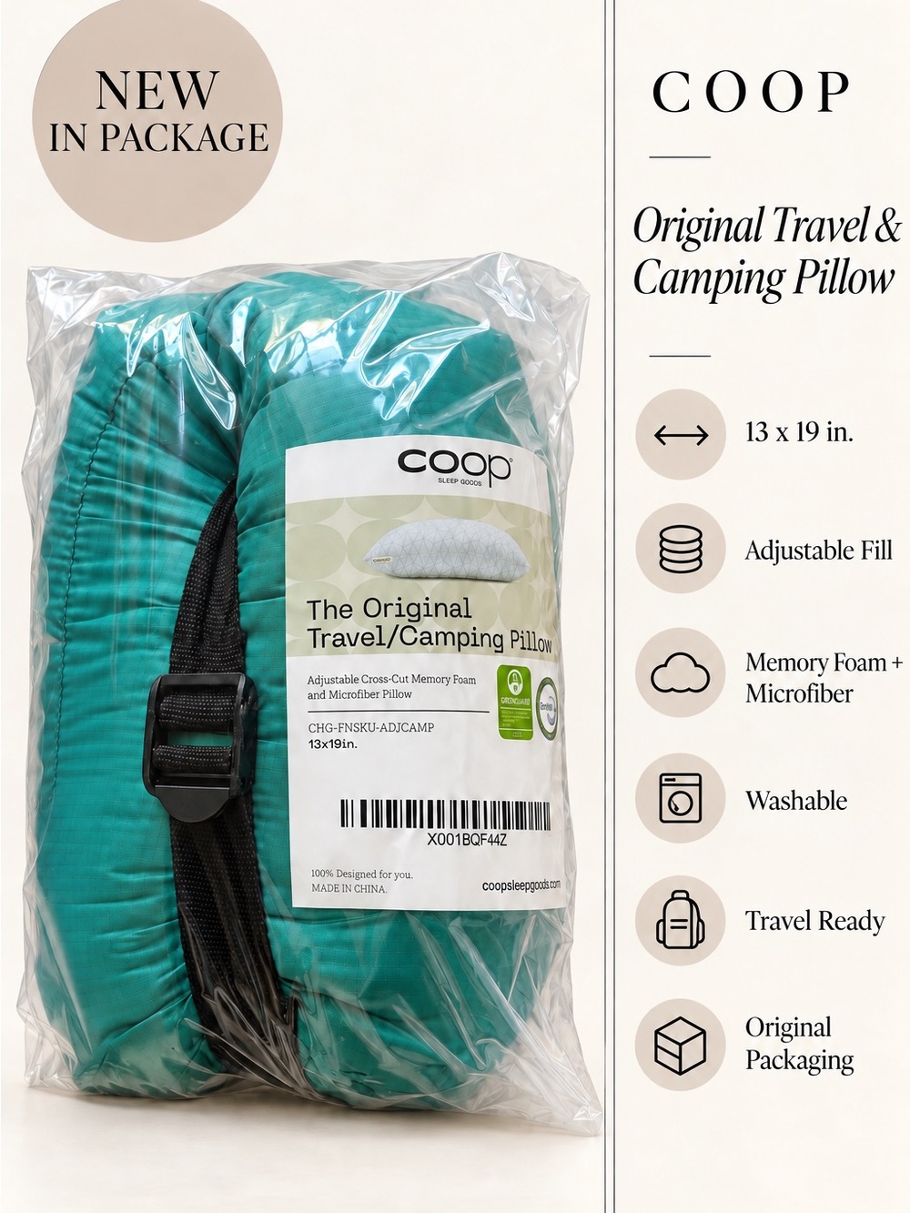 NEW Coop Original Adjustable Travel or Camping Pillow 13x19 Teal Memory Foam